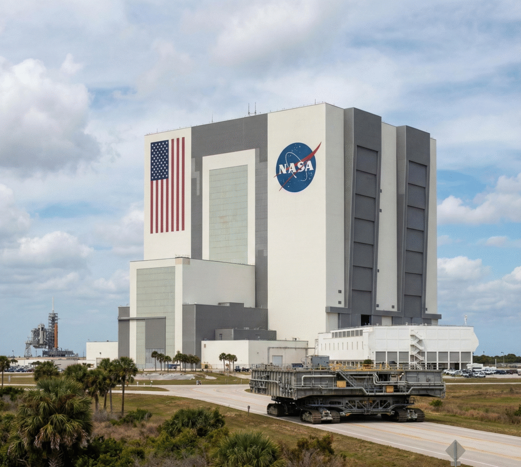 he NASA Vehicle Assembly Building stands tall beside launch pads, highlighting an iconic landmark near many homes for sale in Cape Canaveral.