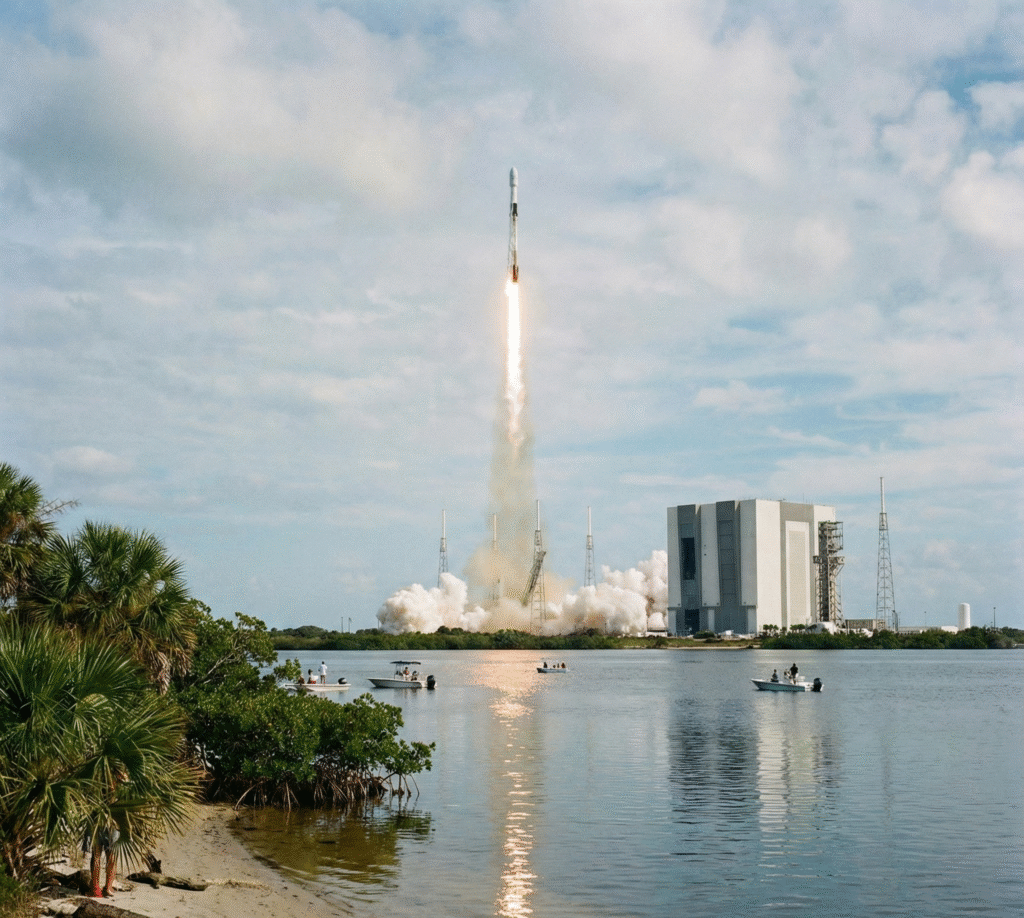 A Falcon rocket launches over calm water near the NASA building, illustrating the unique space coast setting of homes for sale in Cape Canaveral.