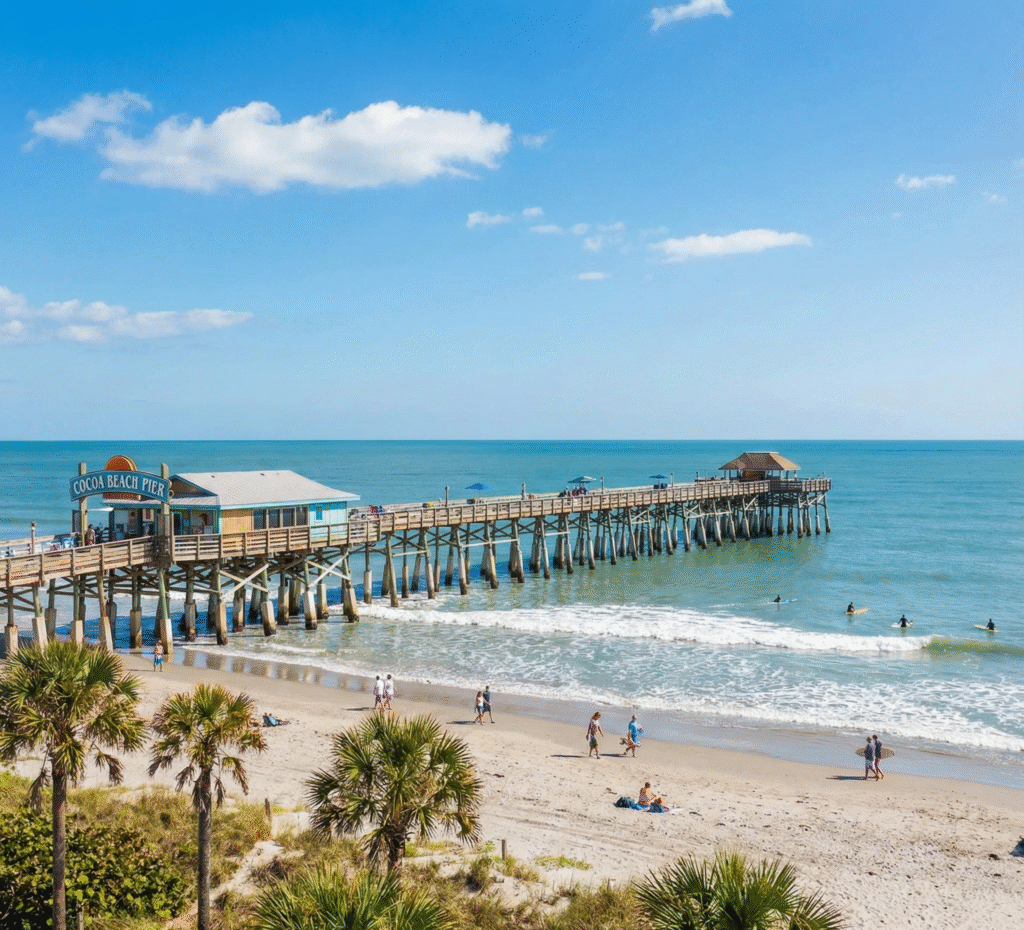 Homes for sale in Cocoa Beach near the Cocoa Beach Pier overlooking the ocean and sandy shoreline.