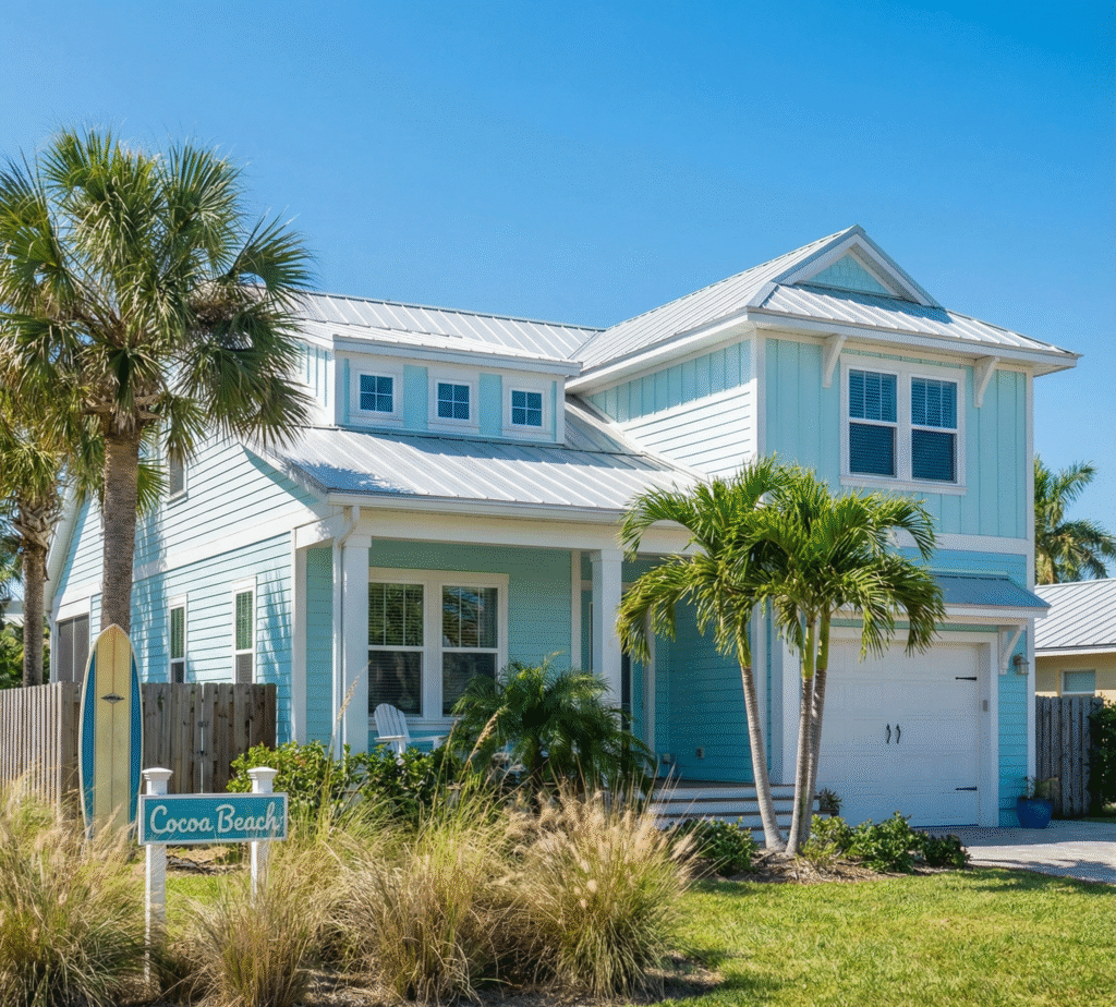 Coastal-style home with palm trees in a walkable neighborhood showcasing homes for sale in Cocoa Beach, FL.