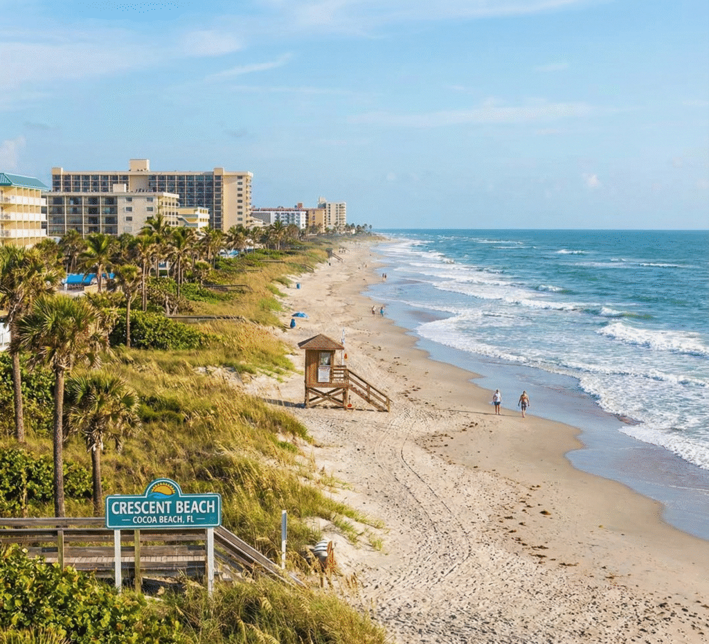 Crescent Beach shoreline in Cocoa Beach, FL with oceanfront views and nearby homes for sale in Cocoa Beach.