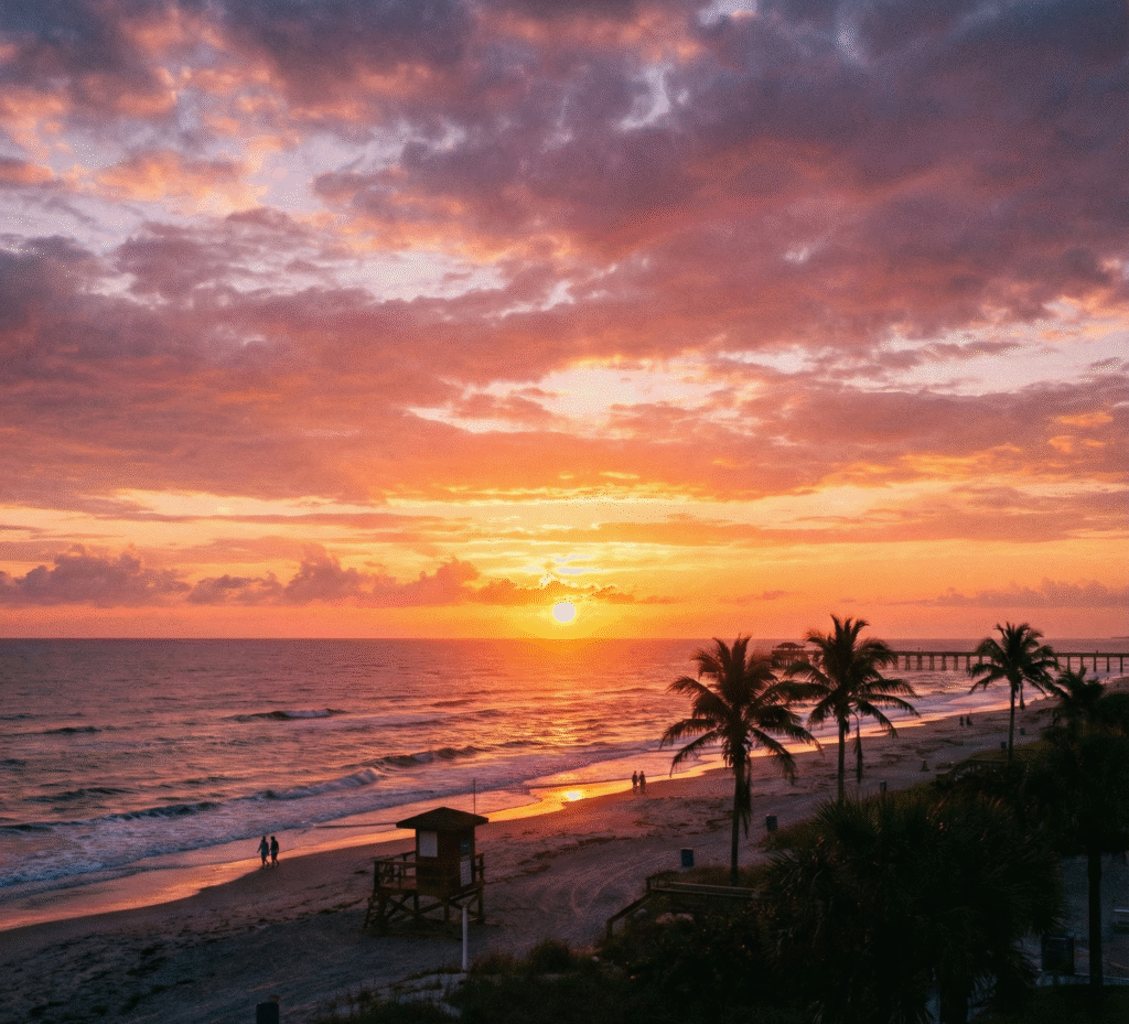 Sunrise over Cocoa Beach with palm trees and shoreline views near oceanfront homes for sale in Cocoa Beach, FL