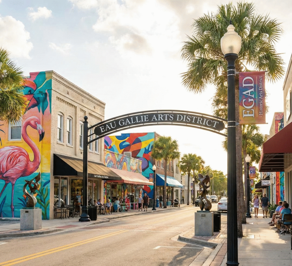 Colorful murals and local shops in the Eau Gallie Arts District near vibrant neighborhoods and homes for sale in Melbourne, FL