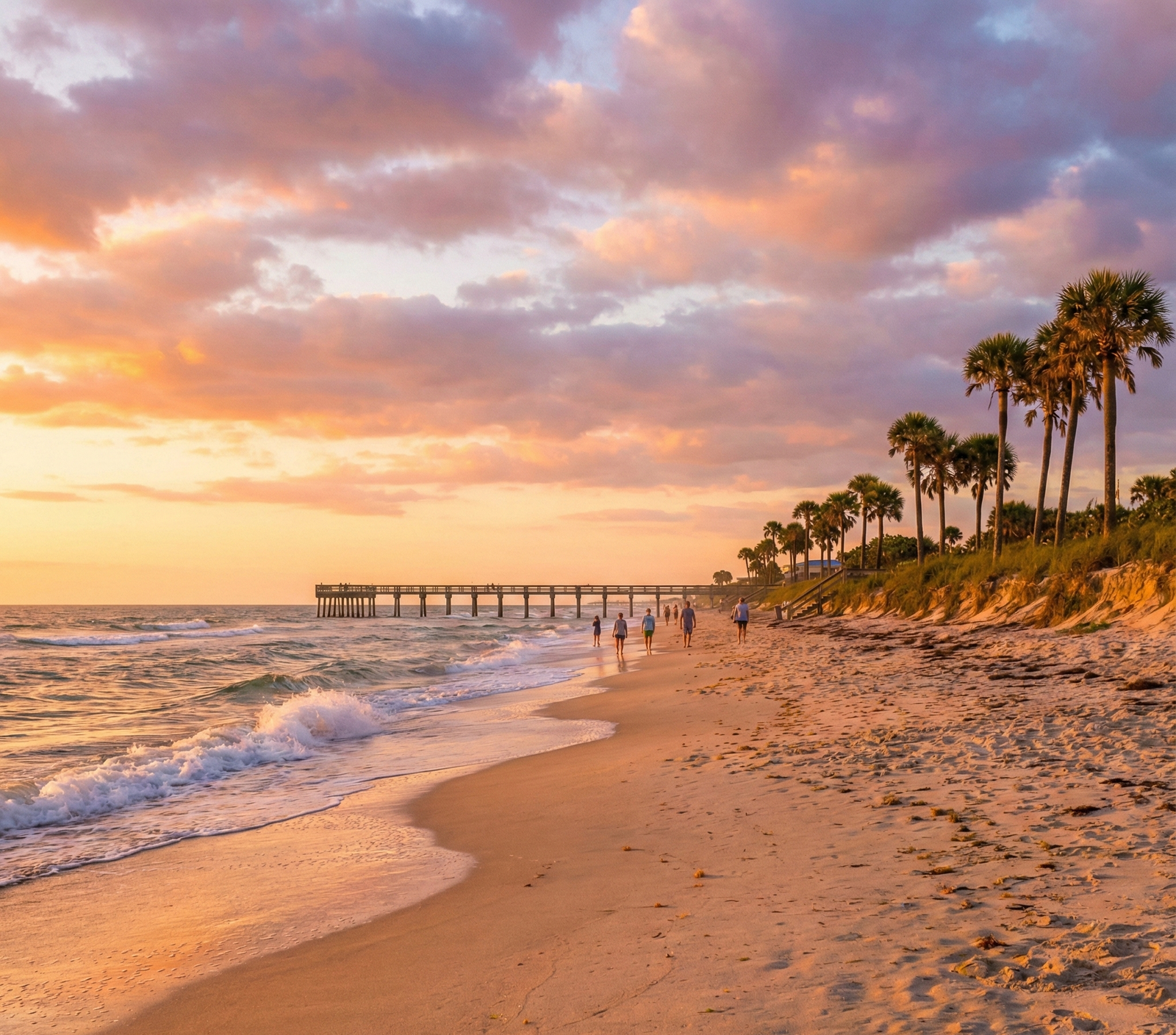 Sunset at Melbourne Beach with people walking along the shoreline near the pier, a highlight for buyers searching for homes for sale in Melbourne.