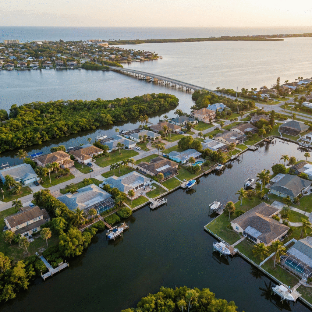 Waterfront homes for sale in Merritt Island overlooking canals and the Indian River at sunset