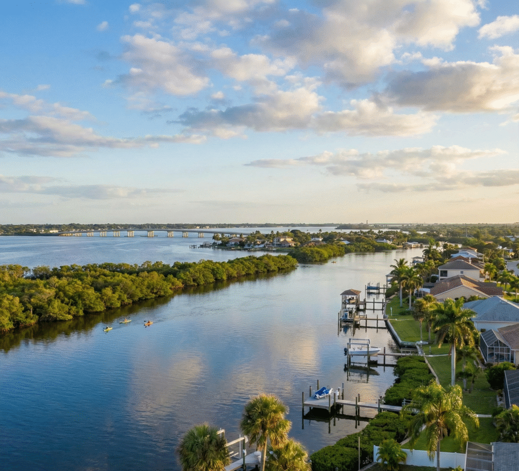 n aerial view of a waterfront neighborhood highlighting boat docks and nature preserves while showcasing the appeal of Palm Bay homes for sale.