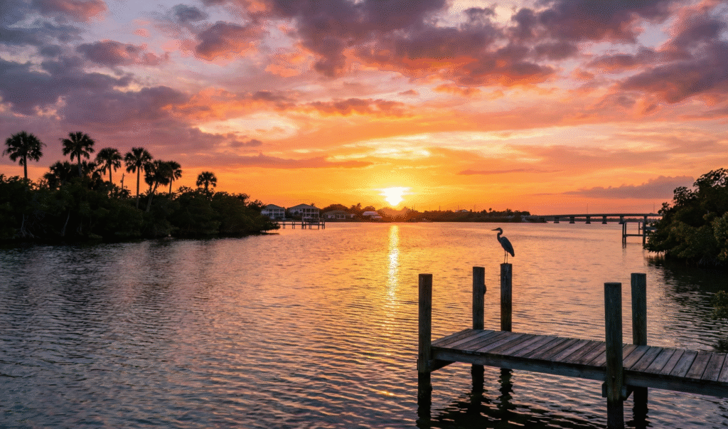 A peaceful sunset overlooking the river with a heron on a dock that captures the serene lifestyle surrounding Palm Bay homes for sale.
