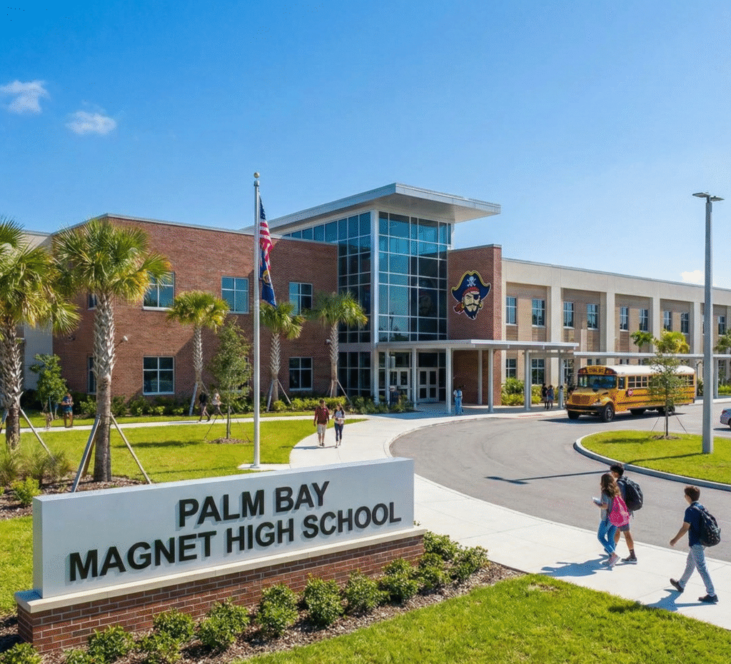 Students walk in front of Palm Bay Magnet High School which provides strong education options for families looking for Palm Bay homes for sale.