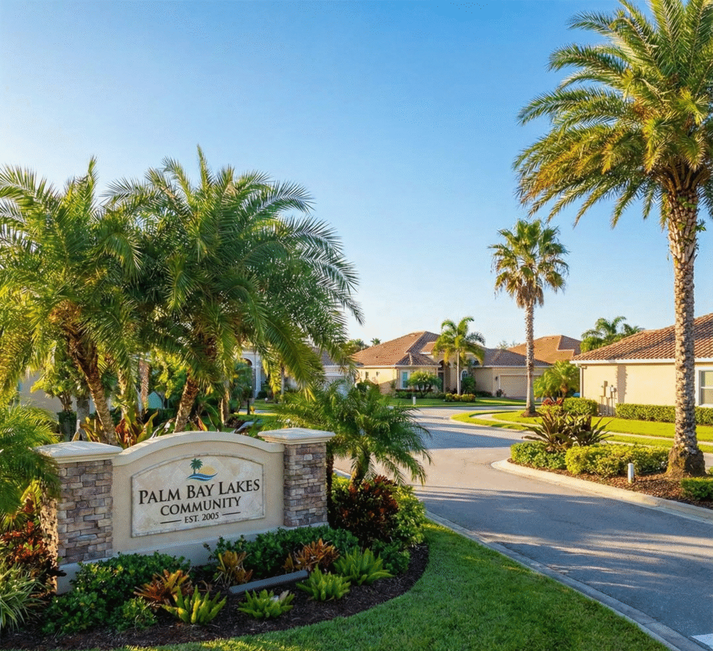 Palm trees and manicured landscaping frame the entrance sign of Palm Bay Lakes Community which is a popular residential area for Palm Bay homes for sale.