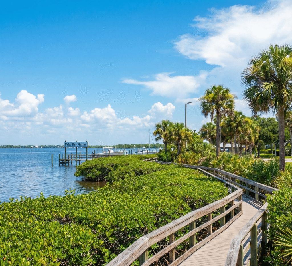 A wooden waterfront boardwalk winds along the shoreline near Palm Bay Marina offering scenic outdoor views for buyers exploring Palm Bay homes for sale.