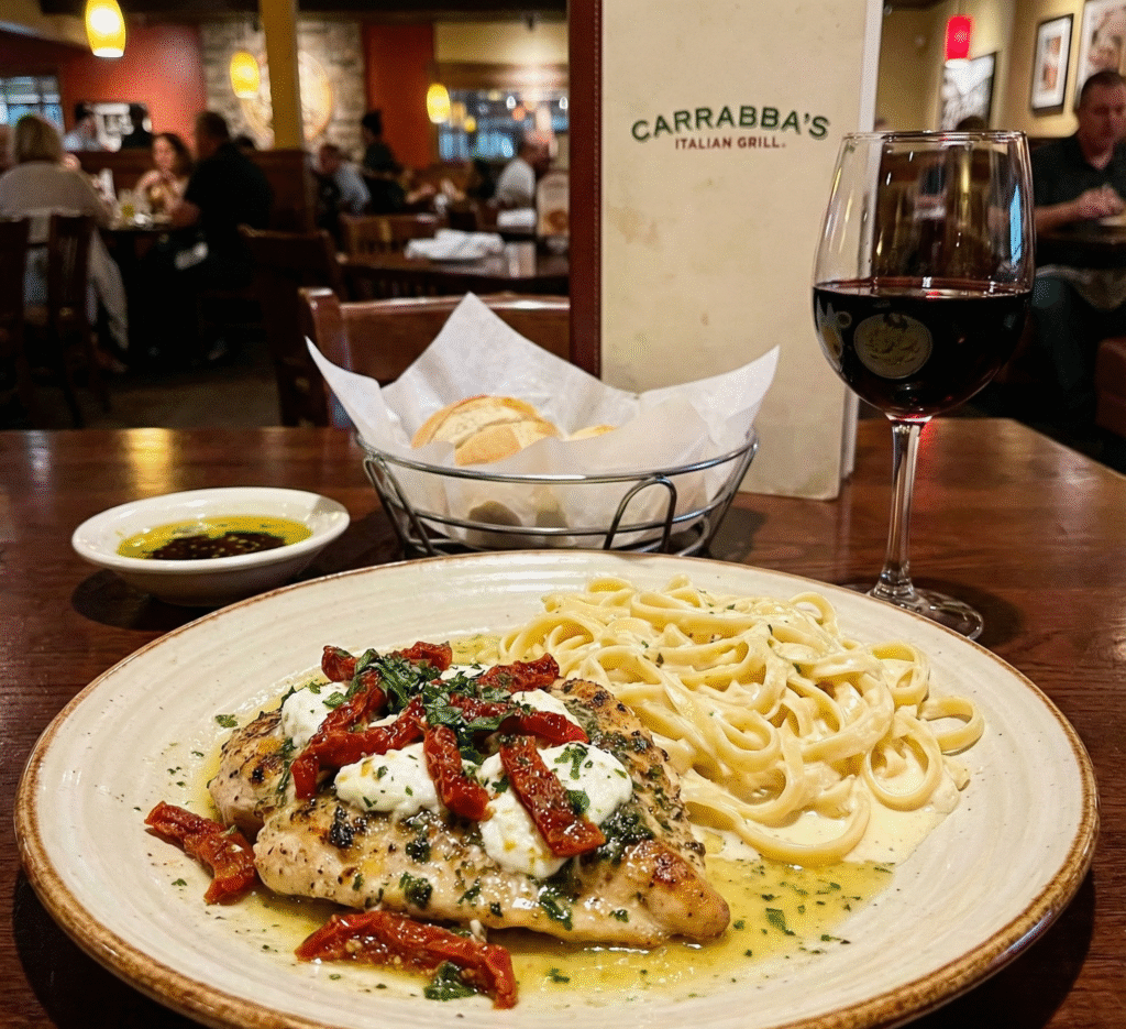 A plate of pasta and chicken with a glass of wine sits on a restaurant table showing local dining options near Palm Bay homes for sale.