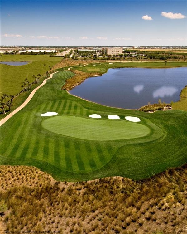 Aerial view of the Duran Golf Club fairway and lake near luxury homes for sale in Viera, FL