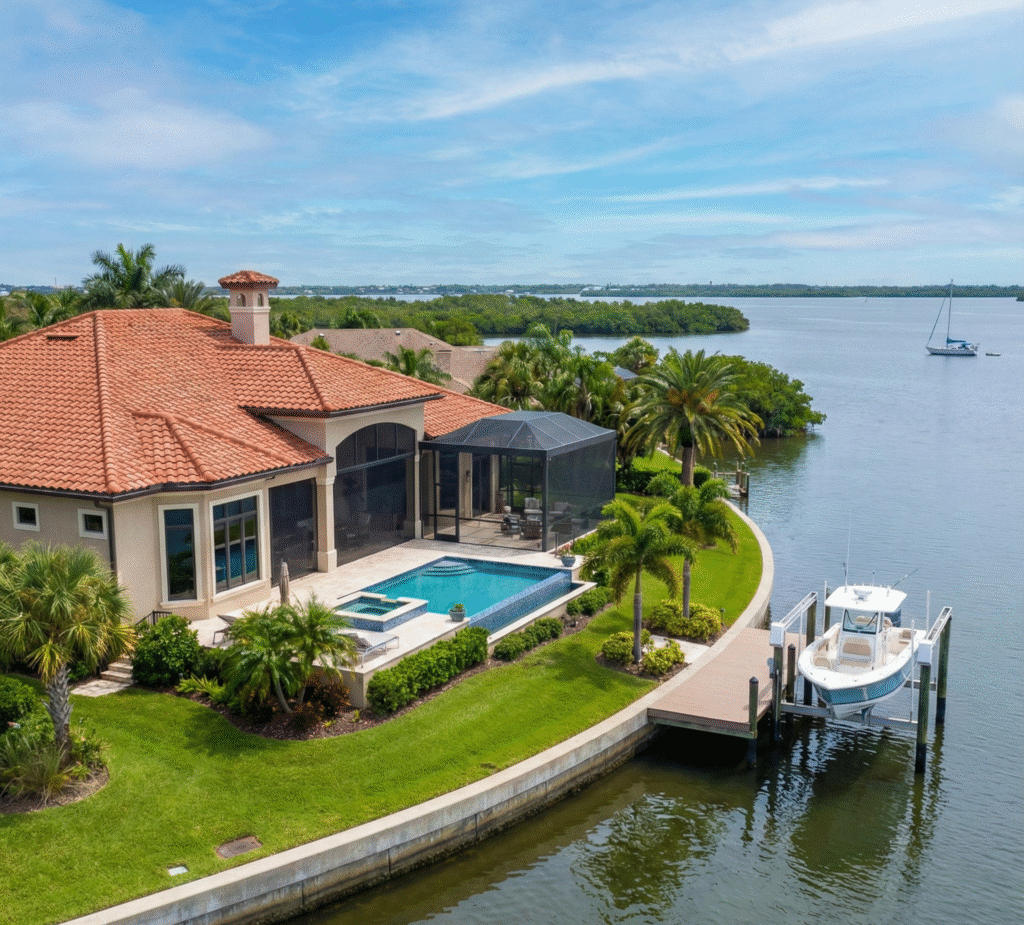 Luxury waterfront home with a private dock and pool overlooking the Indian River near high-end homes for sale in Melbourne, FL.